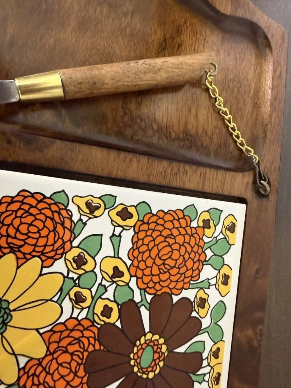 Vintage Gail Craft Wooden Cheese Board  Floral Center Trivet and Knife 1970's